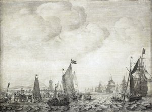 Keletre tartó kereskedelmi hajók és kíséretük, Vlie (vagy Vliestroom), a Vlieland és Treschelling (Hollandia) szigetek közötti tengeri útvonal elhagyása, 1645. június 9. alkotó: Willem van de the Elder Velde