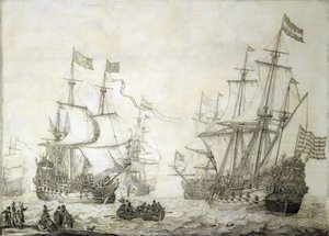 A Holland Kelet-indiai Társaság két kereskedelmi hajója, amint szélcsendben elhagyja a partot. Grisaille, fa alkotó: Willem van de the Elder Velde