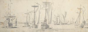 II. Károly látogatása a woolwichi "Tigris"-nél: A jachtok a folyó kanyarulatában alkotó: Willem van de the Elder Velde