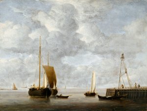 Egy holland Hoeker horgonynál egy móló közelében, 1665 körül (olaj a panelen)