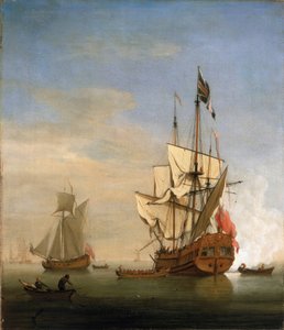 Egy hatodosztályú (sixth-rate), egy kis brit hadihajó, az ágyúval tüzelve köszönti. Olaj, vászon