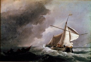 Holland hajó vitorlákat leeresztve vár egy mentőcsónakot Willem Van de Velde festménye a fiatal (1633-1707) 1660 V. 23,2x33,2 cm London, Nemzeti Galéria