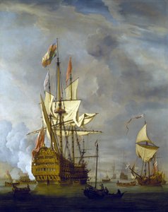 A HMS "Royal Sovereign" ágyúval üdvözli a kikötőt, egy királyi jacht kíséretében, szélcsendes időben. Olaj, vászon