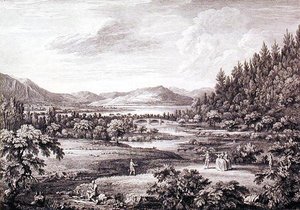 Kilátás Ullswater felől a Pooley Bridge felé, Chatelin és Cannot metszet (metszet) alkotó: William (after) Bellers