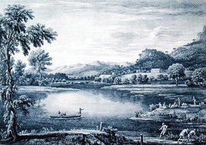 Az Ambleside melletti Winander Meer látképe, vésette Chatelin és Muller alkotó: William (after) Bellers