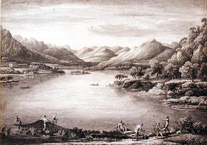 Az Ulswater-fő Patterdale felé néző látképe, metszet: Chatelin és Mason alkotó: William (after) Bellers