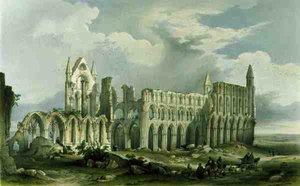 Whitby Abbey délnyugatról, a „Yorkshire kolostori romjai” című művéből, George Hawkins (1819-52) metszetében alkotó: William (after) Richardson