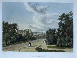 A Rugby School látképe a Northampton Road felől, a "History of Rugby School" című részből, a "History of the Colleges" részéből, Daniel Havell (1785-1826) metszete, kiadó: R. Ackermann. alkotó: William (after) Westall