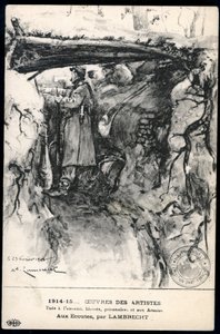 Első világháború – 14–18. háború (1914–1918) – I. világháború (WW vagy WW1): Franciaország, Hazafias térkép, amelyen egy lövészárokban lévő katona rajza látható, aki a frontvonalat figyeli, címe: „hallgat” alkotó: William Adolphe Lambrecht