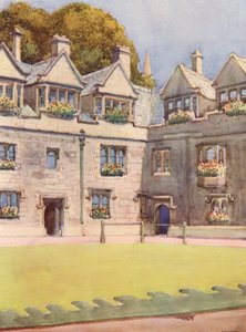 A Brasenose College elülső udvara, a háttérben a Heber-fa néven ismert híres lógesztenyefa (színes litográfia)
