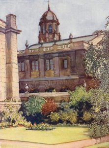 Sheldonian Színház és Bodleian Könyvtár a rektor kertjéből, Exeter College (színes lithó)
