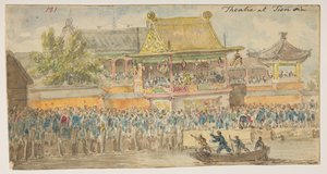 181 „Theatre at Tien sin”.  , egy albumból, amely 372 tájat, tengerpartot, jelmezeket és mindennapi életet ábrázoló rajzot tartalmaz Lord Macartney kínai császári nagykövetsége idején, 1792 és 1794 között (ceruza és akvarell papíron) alkotó: William Alexander