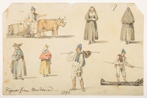 7’ Madiera figurái. 1792.”  egy albumból, amely 372 tájat, tengerpartot, jelmezeket és mindennapi életet ábrázoló rajzot tartalmaz Lord Macartney kínai császári nagykövetsége idején, 1792 és 1794 között (ceruza és akvarell papíron) alkotó: William Alexander