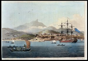 Porto Praya St. Jago szigetén, John Barrow (1764-1848) „A Voyage to Cochinchina” 4. táblája, Thomas Medland (1755-1823) metszete, 1806 (akvatinta)