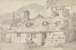 Kőházak hegyvidéki tájon egy figurával az előtérben alkotó: William Alexander
