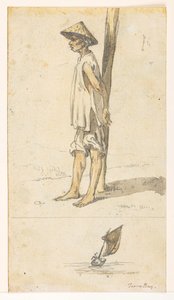 f.5 32v Fiatal férfi egy fának dőlve; egy csónak. – Turon Bay.  egy 372 rajzot tartalmazó albumból tájakról, tengerpartokról, jelmezekről és mindennapi életről, amelyeket Lord Macartney kínai császári nagykövetsége idején készítettek 1792 és 1794 között (c alkotó: William Alexander