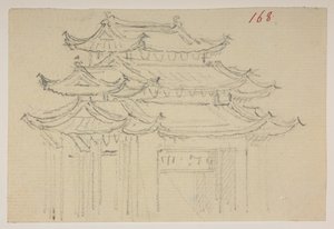 f.63 168 Templomok.  , egy albumból, amely 372 tájat, tengerpartot, jelmezeket és mindennapi életet ábrázoló rajzot tartalmaz Lord Macartney kínai császári nagykövetsége idején, 1792 és 1794 között (ceruza és akvarell papíron) alkotó: William Alexander