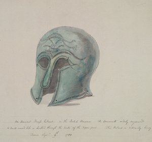 Ősi sárgaréz sisak a British Museumból, Holborn, London, 1784