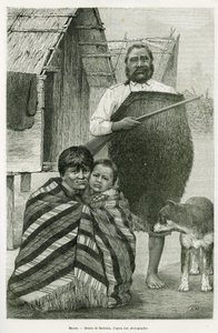 A maorik három generációja. Barbotin metszete a Voyage a la Nouvelle Zelande című történet illusztrálására, 1889-ben, G. Verschuur, in le tour du monde 1890, rendező: Edouard Charton (1807-1890), Hachette, Párizs. alkotó: William Barbotin