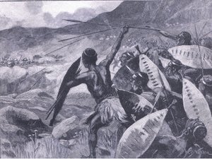 Harcok a Matopos-hegységben: a Matabele töltése, illusztráció a Cassells History of Englandből, 1900-as évek alkotó: William Barnes Wollen