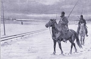 A vasút őrzése Mukden közelében, illusztráció: Cassells Az orosz-japán háború története, 1. kötet, 1900 körül alkotó: William Barnes Wollen