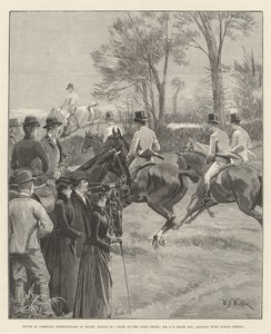 Az alsóházi akadályfutás Rugbyben, március 29., Rush az első kerítésnél, A. E. Pease képviselő úr vezet Norah Creina-val. alkotó: William Barnes Wollen