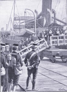 Japán csapatok beszállnak Kobe-ba, illusztráció: Cassells Az orosz-japán háború története, 1. kötet, 1900 körül alkotó: William Barnes Wollen