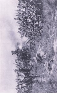 A 28. Gloucester Ezred francia lovasságot fogadott Waterlooban 1815. június 18-án, illusztráció a brit szárazföldi és tengeri csatákból, 1915 alkotó: William Barnes Wollen