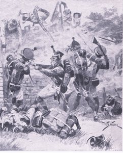 A hougomonti fal elleni támadás: Waterloo 1815, illusztráció a brit csaták szárazföldön és tengeren című filmből, 1915 alkotó: William Barnes Wollen