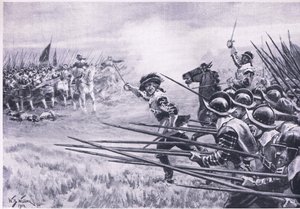A royalista gyalogság rohama Nasebyben, 1645. június, illusztráció a brit szárazföldi és tengeri csatákból, 1915 alkotó: William Barnes Wollen
