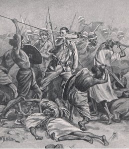 Az Abu-Klea-i tér, 1885. január 17., illusztráció a brit szárazföldi és tengeri csatákból, 1915 alkotó: William Barnes Wollen