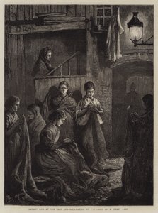 Londoni élet az East Enden, Zsákkészítés az utcai lámpa fényében (metszet) alkotó: William Bazett Murray