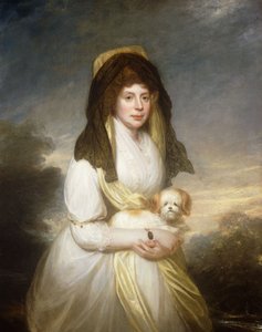 Charlotte királynő portréja, háromnegyed hosszú, fehér ruhában, sárga kendőben és fekete mantillában, egy máltai kutyát tart a kezében, a Frogmore House területén, alkotó: William Beechey