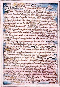 Emlékezetes képzelet, szöveg „A menny és a pokol házasságából”, 1790-1793 körül (domborműves tollal és akvarellel befejezve) alkotó: William Blake