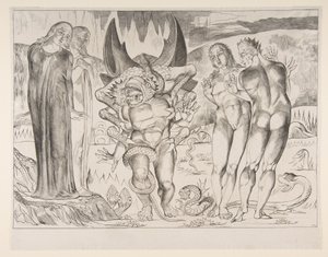 Tolvajok köre: Agnello Brunelleschit megtámadta egy hatlábú kígyó, Dan..., kb. 1825-27. alkotó: William Blake