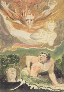Négy meztelen férfi kiemelkedik elemeikből, 4. tábla az Urizen első könyvéből, 1794 (színes domborműves tintával és wc-vel) alkotó: William Blake