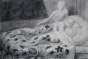 Har és Heva aludtak, Mnetha őrzi őket, illusztráció a „Tiriel”-ből, 1788 körül (toll és szürke mosás a fekete kréta nyomai felett a papíron) alkotó: William Blake