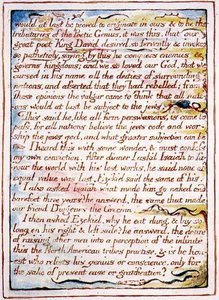 "Végre bebizonyosodik, hogy származom...", szöveg és illusztráció a Mennyország házasságából, 1790-1793 körül (domborműves tollal és akvarellel befejezve) alkotó: William Blake