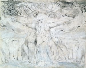 Jób és lányai (ceruza, toll és szürke tinta) alkotó: William Blake