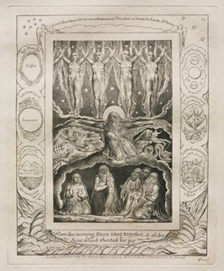 Jób könyve: Pl. 14, Amikor a reggeli csillagok együtt énekeltek, és a fiak mind..., 1825. alkotó: William Blake