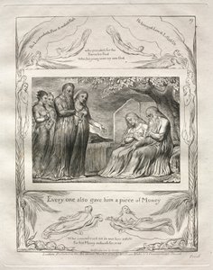 Jób könyve: Pl. 19, Mindenki adott neki egy darab pénzt, 1825. alkotó: William Blake