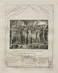 Jób könyve: Pl. 21, Tehát az Úr jobban megáldotta Jób utolsó végét, mint az 1825-öst. alkotó: William Blake