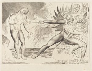A korrupt tisztviselők köre; a Ciampolót gyötrő ördögök alkotó: William Blake
