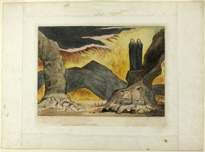 A hamisítók köre: Dante és Virgil eltakarják az orrukat a bűz miatt. Inferno, XXIX. ének alkotó: William Blake