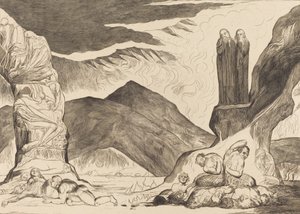 A hamisítók köre: Dante és Virgil orrát eltakarva a bűz miatt, 1827. alkotó: William Blake