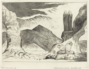 A hamisítók köre; Dante és Virgil eltakarják az orrukat a bűz miatt alkotó: William Blake