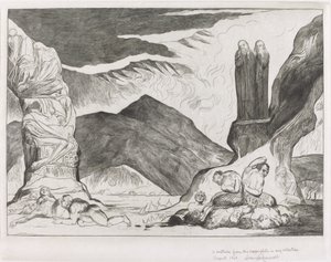 A hamisítók köre: Dante és Virgil eltakarja az orrát a bűz miatt alkotó: William Blake