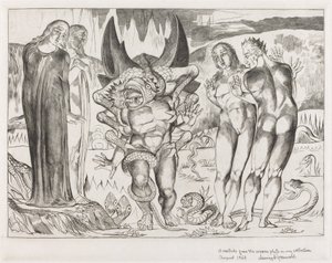 A tolvajok köre, Agnolo Brunelleschi, akit egy hatlábú kígyó támadott meg, 1827. alkotó: William Blake
