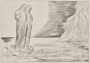 Az árulók köre: Dante lába megüti a Bocca degli Abbate-t, Dante Infernójából, XXXII. ének illusztrációja Dante Isteni színjátékáig alkotó: William Blake