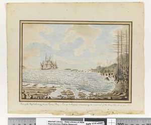 Opp. p. 194. „A zátony egy része és a Sydney-öböl leszállóhelyei; A Sirius & Supply arra törekszik, hogy az öbölből kikerüljön. 1790. március 19., 1802 körül (akvarell) alkotó: William Bradley